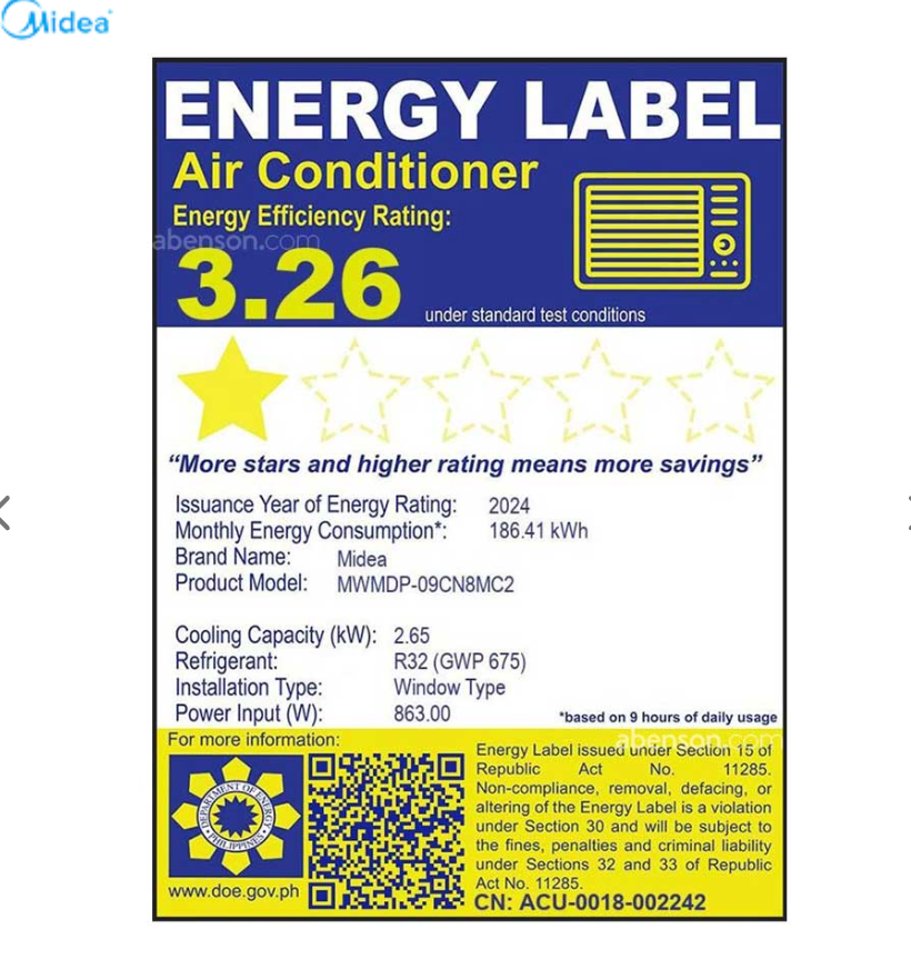 Midea MWMDP-09CN8MC2 1HP Remote, Top Discharge, R32, Refrigerant Window Type Airconditioner