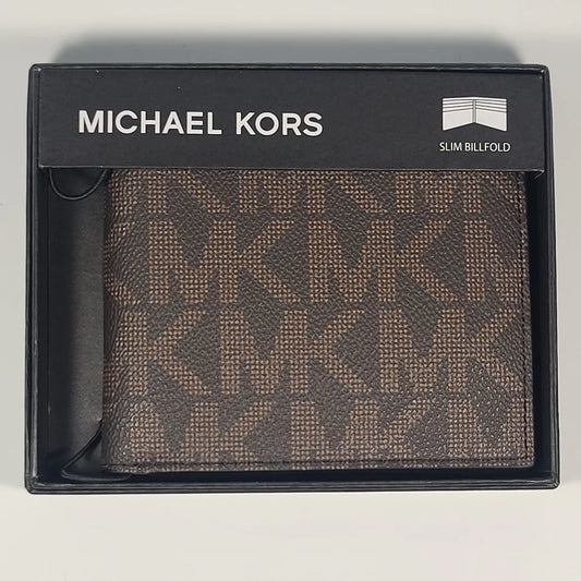 MK Bifold Wallet Brown Logo Print