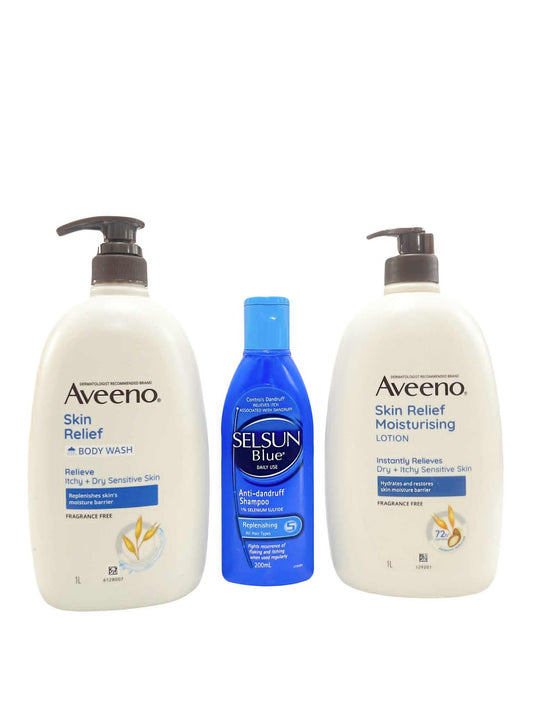 Aveeno Skin Relief body wash and Skin Relief lotion with selsun blue